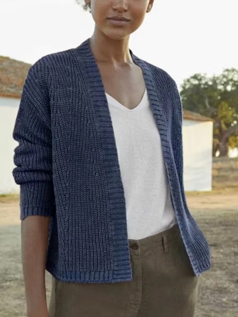 Poetry 100% Linen Open Front Open Knit Cardigan Sweater US 2 Navy Blue Coastal